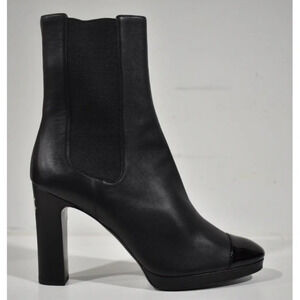 Chanel 20A Black Lambskin Leather Patent Pearl CC Ankle Short Heel Boots 41.5